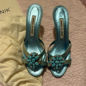 Manolo Blahnik Blue Satin Heels with Gem Detail